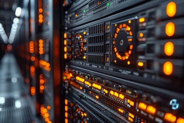 Poster - This image shows numerous server racks in a data center with glowing orange indicator lights, illustrating data storage and network