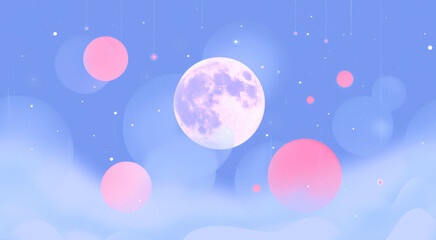 Wall Mural -  A photo of the moon with balloon-like objects in various colors hanging below it