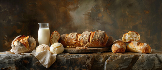 Wall Mural - delicious bread rolls and a glass of milk