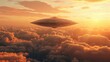 an alien flying saucer floating above the clouds at sunset, photo realistic, dot background, dramatic, motion, freeze motion, , Super-Resolution