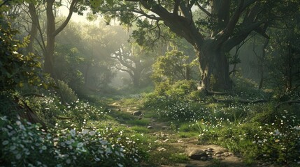 Poster -  A middle forest path with trees and flowers on each side becomes a forest with white flowers on both sides