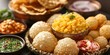 Popular Indian Street Food: Pani Puri, Sev Puri, Bhel Puri, and Golgappa. Concept Indian Street Food, Pani Puri, Sev Puri, Bhel Puri, Golgappa