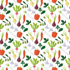 Wall Mural - Seasonal vegetable seamless pattern isolated on white. Farmer's market and organic food background print concept. Wrapping and packing paper design. Spicy veggies hand drawn flat vector illustration