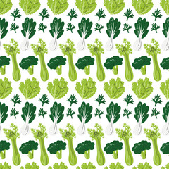 Wall Mural - Green vegetables seamless pattern. Healthy smoothie ingredients isolated on white. Repeating background with celery, broccoli, cabbage, bok choy and dill. Veggies hand drawn flat vector illustration