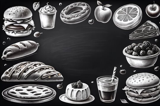 Black board with pictures of food with copy space in center.