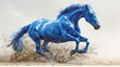  A galloping blue horse, its front legs lifted high while its rear legs are also raised