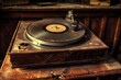 : A vintage turntable, with a contrasting record spinning against a wooden, textured surface,