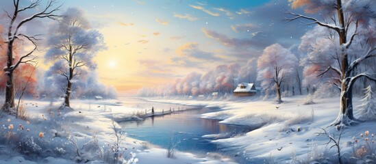 Wall Mural - A picturesque painting capturing a snowy landscape with trees lining a river. The serene atmosphere is emphasized by the cloudy sky and peaceful natural setting