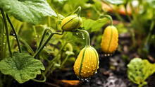 Three Yellow Squash With Green Stripes Are Sitting On A Plant. The Squash Are Wet From The Rain