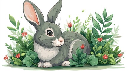 Wall Mural -  A rabbit sits in green grass amidst colorful flowers and rustling leaves against a pure white background