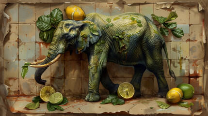 Sticker -  A painting of an elephant in a lemon and lime-filled room with a tiled wall backdrop