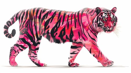 Wall Mural -  A tiger, pink and black against a white background, is walking