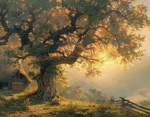 Poster -  A serene depiction of a tree against a field, with a house backdrop and radiant sunrays filtering through