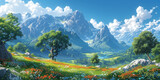 Fototapeta Przestrzenne - Japanese or fantasy eastern landscape. Spring summer autumn. Beautiful natural mountain place. Panorama background. Digital painting. Poster, invitation, flyer, banner, header. Generative Ai content