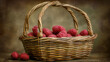  An image of a table with two baskets, one holding raspberries and the other overflowing with them The first basket is positioned on top of the second, making it seem like