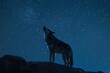 : A wolf howling at the moon, with a sense of longing and freedom, under a starry night sky