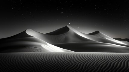 Sticker -  Black-and-white picture of a desert at night, featuring the moon and starry sky