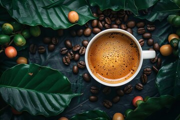 A Cup of Coffee With Coffee Beans and Leaves