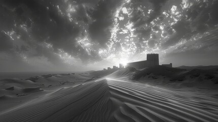 Poster -  A monochrome image depicts a castle on top of a hill amidst the desert, shrouded in a cloudy sky