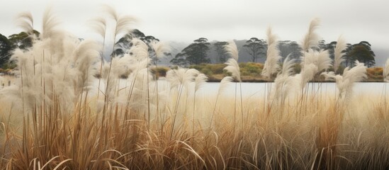 Wall Mural - A vast meadow of tall grasses under a serene sky, with a picturesque lake in the background, creating a beautiful natural landscape