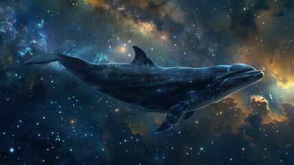  A dolphin moving through space against a backdrop of constellations, galaxies and bright, colorful shimmers. 