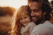 A father embraces his daughter tenderly as the setting sun casts a warm glow on their happy faces
