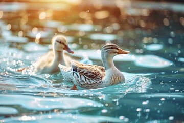 Wall Mural - Ducks Floating on Lake