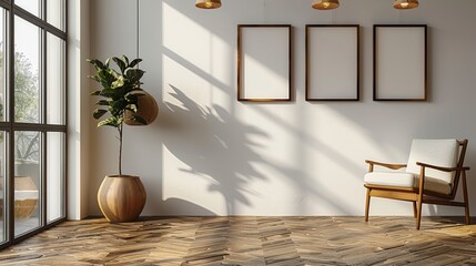 Sticker -  A chair, potted plant in corner, three picture frames on wall