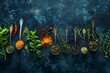 Colourful various herbs and spices for cooking on dark background .