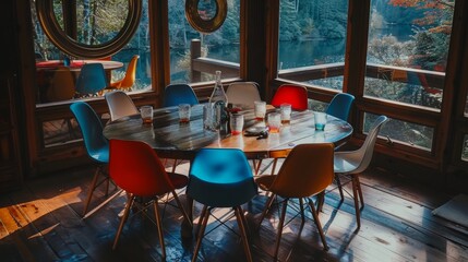 Canvas Print -  A dining room featuring a table, chairs, and a forest view through the window, along with tree scenery beyond