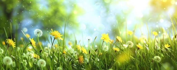 Wall Mural - Vibrant spring medow, Lush Green Grass and Dandelions in Sunlit Splendor, Banner Design with Blue Sky Background