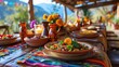 A close-up of a beautifully decorated table for Cinco de Mayo, featuring a colorful Mexican tablecloth, a variety of traditional dishes, and a centerpiece with marigolds and candles.