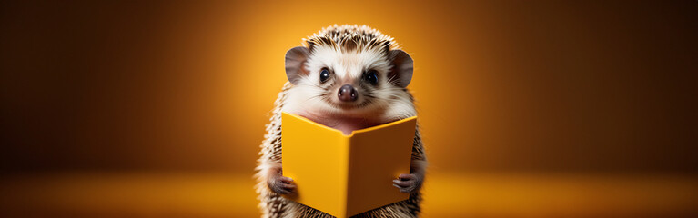 Funny hedgehog graduated, holding a diploma on a yellow background. Banner 