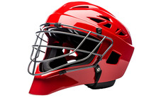A Red Helmet With A Metal Cage, Symbolizing Protection And Strength