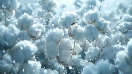 Poster -  A macro shot of cotton plants with dewdrops adorning the flower tips in the focal point