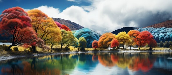 Poster - A serene lake is surrounded by vibrant trees with colorful leaves, set against a backdrop of majestic mountains under a clear blue sky