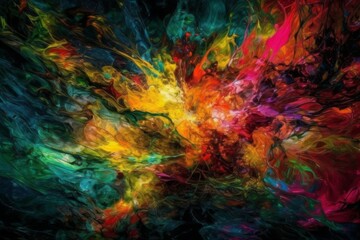 Abstract vibrant multicolor wet paint drops and splotch on black background. Bright orange and pink neon colors. Street art isolated. High quality photo