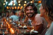 © Larisa AI - Joyful bearded man laughing with friends at an outdoor dinner party with wine glasses