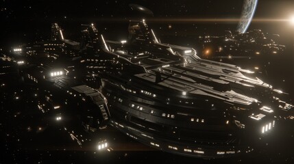 Wall Mural - large ship in foreground, space station mid-image