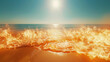 Golden sunlit sea with fiery waves, perfect for illustrating summer heat and climate change themes.
