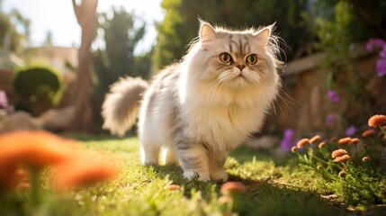  cute persian cat walking in the garden (Suitable for background use)