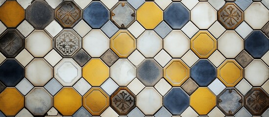 Poster - A close up of a vibrant yellow and electric blue tile wall featuring a mesmerizing pattern of glass, metal, and composite materials in a symmetrical circle design