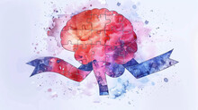 Concept Of Parkinson's Disease Day , 11 April, Alzheimer Awareness Day, Dementia Diagnosis, Memory Loss Disorder,, Human Brain With Ribbon And Puzzle Symbols Watercolor Logo On White Background 