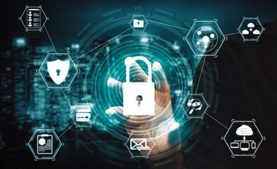 Poster - cyber security and digital data protection concept. icon interface showing secure firewall technolog