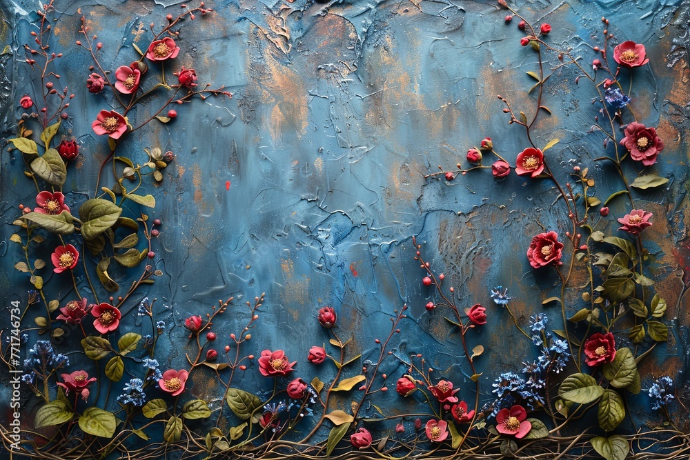 Blue background with red flowers on it. The flowers are arranged in a ...