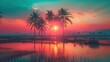 Vintage twilight moment, coconut trees and an asian village field