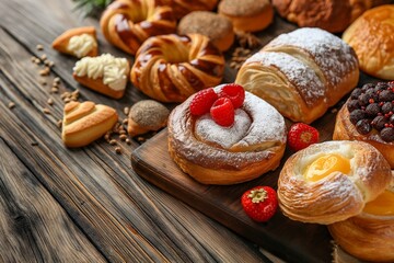 assortment of pastries on a modern wooden table, pastries closeup, modern dry food, dry foods closeup, pastries on a wooden table, breakfast food, morning foods closeup, evening fast food