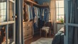 Cozy bedroom interior with open wardrobe and natural light. Home organization and modern living concept. Design for interior, poster, advertisement
