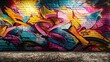 © Muhammad - A vibrant and dynamic graffiti artwork covering an entire brick wall, showcasing a blend of abstract shapes and vivid colors that pop against the urban backdrop.