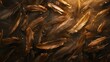 Artistic arrangement of brown feathers on dark background. Elegance and design concept. Design for wallpaper, textile, and decoration